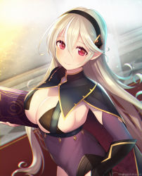 Rule 34 | 1girl, ass, black cape, blush, book, breasts, butt crack, cape, cleavage, collarbone, corrin (female) (fire emblem), corrin (fire emblem), cosplay, dark mage (fire emblem fates), fire emblem, fire emblem fates, grey hair, hairband, highres, holding, holding book, indoors, kashiwamochi yomogi, large breasts, leotard, long hair, looking at viewer, nintendo, nyx (fire emblem), nyx (fire emblem) (cosplay), official alternate costume, pointy ears, red eyes, see-through, sideboob, skin tight, smile, solo, upper body, very long hair