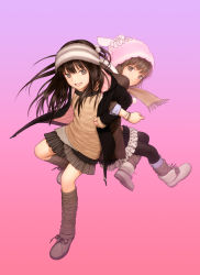 Rule 34 | 2girls, ankle boots, boots, bracelet, brown eyes, brown hair, commentary, cover image, flat chest, full body, hat, headband, highres, jewelry, leg warmers, locked arms, looking at viewer, multicolored clothes, multicolored skirt, multiple girls, original, pantyhose, pink background, pleated skirt, rustle, scarf, skirt, smile, striped, winter clothes