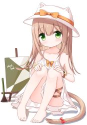 Rule 34 | 1girl, animal ears, animal hat, bare shoulders, barefoot, blush, bow, brown hair, cat ears, cat hat, cat tail, closed mouth, dress, fake animal ears, green eyes, hair between eyes, hat, hat bow, head tilt, kemonomimi mode, knees up, long hair, looking at viewer, orange bow, original, red bow, sitting, sleeveless, sleeveless dress, solo, sun hat, tail, tail bow, tail ornament, very long hair, waka (yuuhagi (amaretto-no-natsu)), white dress, white hat, yuuhagi (amaretto-no-natsu)
