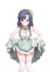 Rule 34 | 1girl, asymmetrical bangs, blue hair, blunt bangs, blush, breasts, breasts apart, cleavage, clothes pull, crown, dark blue hair, dress, green dress, hand under clothes, heart, heart-shaped pupils, highres, idolmaster, idolmaster million live!, looking at viewer, medium breasts, nanao yuriko, nys, pantyhose, pantyhose pull, simple background, sleeveless, sleeveless dress, smile, solo, strap slip, symbol-shaped pupils, white background, white pantyhose