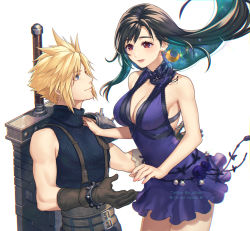 Rule 34 | 1boy, 1girl, armor, bare arms, bare shoulders, black hair, blonde hair, blue eyes, breasts, brown gloves, buster sword, cleavage, cloud strife, couple, crescent, crescent earrings, crescent moon, dress, earrings, final fantasy, final fantasy vii, final fantasy vii remake, gloves, jewelry, large breasts, long hair, looking at another, moon, neck ribbon, official alternate costume, ohse, purple dress, purple ribbon, red eyes, ribbon, short dress, shoulder armor, sleeveless, sleeveless dress, sleeveless turtleneck, smile, sparkle, spiked hair, square enix, tifa lockhart, tifa lockhart (refined dress), turtleneck, wall market, weapon, weapon on back, white background