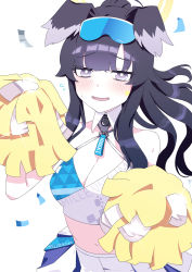 Rule 34 | 1girl, animal ears, black hair, blue archive, blush, breasts, cheerleader, cleavage, commentary request, dog ears, eyewear on head, grey eyes, halo, hibiki (blue archive), hibiki (cheer squad) (blue archive), highres, looking at viewer, medium breasts, midriff, millennium cheerleader outfit (blue archive), navel, odaneru apart, pleated skirt, pom pom (cheerleading), ponytail, skirt, smile, solo, star (symbol), sticker on face, sweat