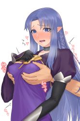 Rule 34 | 1girl, :o, black gloves, blue eyes, blue hair, blush, braid, breasts, medea (fate), choker, collarbone, commentary request, embarrassed, covered erect nipples, fate/stay night, fate (series), gloves, grabbing, grabbing from behind, heart, highres, hikichi sakuya, lipstick, long hair, makeup, medium breasts, pointy ears, purple lips, side braid, solo focus, sweatdrop, very long hair