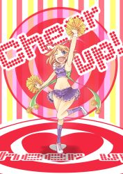 Rule 34 | 1girl, alternate costume, arm up, armpits, blonde hair, blue eyes, cheerleader, english text, female focus, groin, hair ribbon, medicine melancholy, midriff, mito (calcomer), navel, one eye closed, open mouth, pom pom (cheerleading), ribbon, short hair, skirt, solo, text focus, touhou, wink, wristband