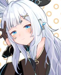 Rule 34 | 1girl, and uge, black bow, blue eyes, blunt bangs, blush, bow, brown sleeves, closed mouth, commentary request, detached sleeves, finger cots, hair bow, hairpods, head rest, highres, interlocked fingers, long hair, looking at viewer, medium bangs, nanashi inc., own hands together, rakko (ae 18790314 2), see-through, see-through sleeves, sidelocks, smile, solo, thick eyebrows, upper body, virtual youtuber, white hair