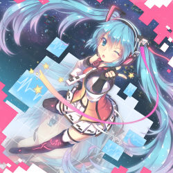 Rule 34 | 1girl, absurdres, aqua eyes, aqua hair, boots, detached sleeves, fingerless gloves, freely tomorrow (vocaloid), gloves, hand on own hip, hatsune miku, headset, highres, long hair, navel, necktie, north abyssor, one eye closed, open mouth, project diva (series), project diva f, skirt, solo, spacecraft, star (symbol), star voice (module), thigh boots, thighhighs, twintails, very long hair, vocaloid, wink, zoom layer