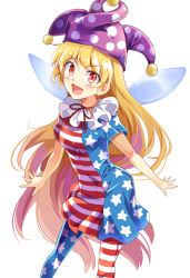 Rule 34 | &gt;:d, 1girl, :d, american flag dress, american flag legwear, blonde hair, blush, clownpiece, dress, e.o., fairy wings, hat, highres, jester cap, long hair, looking at viewer, open mouth, pantyhose, red eyes, smile, solo, striped clothes, striped dress, touhou, v-shaped eyebrows, very long hair, wide-eyed, wings