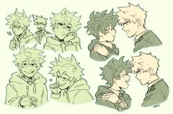 Rule 34 | !, !!, 2boys, ?, bakugou katsuki, boku no hero academia, closed mouth, commentary, english commentary, eye contact, green theme, habkart, hand on another&#039;s shoulder, head rest, heart, highres, holding another&#039;s wrist, hood, hood down, hoodie, long sleeves, looking at another, male focus, midoriya izuku, multiple boys, multiple views, open mouth, school uniform, short hair, simple background, sketch, smile, spiked hair, u.a. school uniform, upper body, v