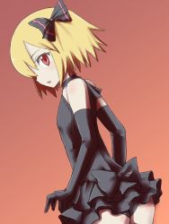 Rule 34 | 1girl, alternate costume, bare shoulders, black dress, black panties, blonde hair, dress, elbow gloves, frills, from behind, gloves, hair ribbon, jack (wkm74959), looking at viewer, looking back, open mouth, panties, red background, red eyes, ribbon, rumia, short dress, short hair, simple background, sleeveless, sleeveless dress, solo, touhou, underwear