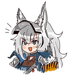 Rule 34 | 1girl, :d, animal ears, arknights, blue jacket, blush, brown shirt, collared shirt, cropped torso, dress shirt, grani (arknights), grey eyes, grey hair, jacket, long hair, lowres, nikukabe, notice lines, open mouth, ponytail, shirt, simple background, smile, solo, upper body, v-shaped eyebrows, visor (armor), white background