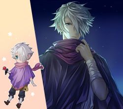 Rule 34 | 1boy, chibi, gloves, green eyes, hair over one eye, jewelry, looking at viewer, lowres, male focus, octopath traveler, octopath traveler i, scarf, short hair, simple background, smile, solo, therion (octopath traveler), white hair, yuzuponza