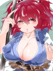 Rule 34 | 1girl, breasts, cleavage, collarbone, commentary request, covered erect nipples, hair bobbles, hair ornament, huge breasts, looking at viewer, onozuka komachi, open mouth, qralto, red eyes, red hair, solo, touhou, twitter username, two side up, upper body
