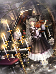 Rule 34 | 1girl, absurdres, barefoot, candle, catbell, dress, dutch angle, feet, flower, gothic lolita, grand piano, hairband, hat, highres, instrument, lolita fashion, lolita hairband, long hair, md5 mismatch, original, piano, piano bench, rose, sheet music, smile, solo, top hat, tree, twintails, very long hair, wading, water, wet