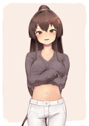 Rule 34 | 1girl, absurdres, breasts, brown eyes, brown hair, brown sweater, cherry blossoms, clothes lift, commission, female focus, flower, hair flower, hair ornament, highres, kantai collection, large breasts, lifted by self, long hair, long sleeves, matching hair/eyes, midriff, navel, official alternate costume, pants, pixiv commission, ponytail, sidelocks, solo, sweater, sweater lift, tsuzuri (tu-san house), very long hair, white pants, yamato (kancolle)