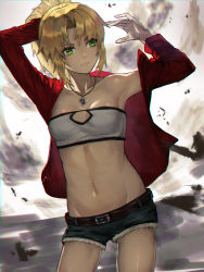 Rule 34 | 1girl, adjusting hair, aito, belt, blonde hair, breasts, collarbone, cutoffs, denim, denim shorts, fate/apocrypha, fate/grand order, fate (series), green eyes, highres, jacket, jewelry, medium hair, mordred (fate), mordred (fate/apocrypha), mordred (memories at trifas) (fate), navel, necklace, open clothes, open jacket, pendant, petite, ponytail, red jacket, shorts, small breasts, solo, strapless, tube top