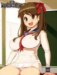 Rule 34 | 1girl, breasts, brown eyes, brown hair, character request, covered erect nipples, hair ribbon, large breasts, logo, long hair, long sleeves, looking at viewer, lowres, official art, open mouth, psychic hearts, ribbon, ryoji (nomura ryouji), skin tight, skirt, solo, sweat