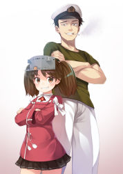 Rule 34 | 1boy, 1girl, admiral (kancolle), back-to-back, brown background, brown hair, cigarette, cowboy shot, crossed arms, gradient background, green shirt, grin, hat, height difference, japanese clothes, kantai collection, kariginu, looking at viewer, magatama, mofu namako, pants, peaked cap, red shirt, ryuujou (kancolle), shirt, smile, standing, twintails, visor cap, white background, white pants