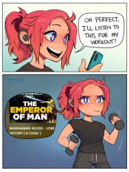 Rule 34 | 1girl, cellphone, comic, dumbbell, earphones, emperor of mankind, exercising, frown, highres, open mouth, otterbug23, pants, phone, ponytail, purple eyes, signature, smartphone, smile, sweatpants, warhammer 40k, wireless earphones, youtube