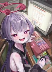 Rule 34 | 1girl, 4chan, absurdres, bare shoulders, blue archive, blush, computer, detached sleeves, grey hair, grey sleeves, halo, highres, japanese clothes, keyboard (computer), long hair, looking at viewer, monitor, mouse (computer), open mouth, pointy ears, red eyes, red halo, shuro (blue archive), smile, solo, wellski