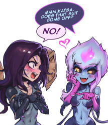 Rule 34 | 2girls, :d, black bodysuit, black sclera, blush, bodysuit, colored sclera, detached wings, english text, evelynn (league of legends), fangs, grey bodysuit, hands up, heart, kai&#039;sa, league of legends, long hair, looking at another, multiple girls, navel, open mouth, orange eyes, parted bangs, phantom ix row, pink hair, purple hair, slit pupils, smile, speech bubble, teeth, tongue, upper teeth only, wings