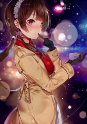 Rule 34 | 1girl, absurdres, black gloves, blunt bangs, blurry, blush, bokeh, breasts, brown hair, coat, collared shirt, depth of field, earrings, finger to mouth, from side, gloves, hair tie, hand up, headdress, highres, holding, jewelry, jewelry box, large breasts, long hair, looking at viewer, low ponytail, maid headdress, original, ponytail, purple eyes, red shirt, scan, shirt, smile, solo, yuran