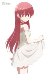 Rule 34 | 1girl, 2020s (style), absurdres, aqua inc., bare shoulders, clothes lift, dress, highres, looking at viewer, looking back, megami magazine, official art, red eyes, red hair, scan, simple background, skirt, skirt lift, solo, sundress, tonikaku kawaii, white background, white dress, yuzaki tsukasa