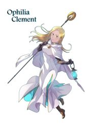 Rule 34 | 1girl, ankh, blonde hair, cleric, dress, full body, gloves, highres, jewelry, komame (st beans), lantern, long hair, looking at viewer, necklace, octopath traveler, octopath traveler i, ophilia (octopath traveler), priestess, simple background, smile, solo, staff, yellow eyes