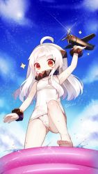 Rule 34 | 10s, 1girl, abyssal ship, ahoge, aircraft, airplane, alternate costume, artist name, bad id, bad pixiv id, barefoot, blush stickers, cameltoe, cloud, cloudy sky, colored skin, covered mouth, covered navel, day, from below, heart, heart-shaped pupils, highres, holding, horns, kantai collection, long hair, looking at viewer, mvv, northern ocean princess, one-piece swimsuit, red eyes, school swimsuit, sky, solo, sparkle, swimsuit, symbol-shaped pupils, toy, wading pool, water, wet, white hair, white one-piece swimsuit, white skin