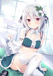 Rule 34 | 1girl, alternate costume, apron, arm warmers, ass, bare shoulders, black ribbon, breasts, brooch, commentary, crop top, detached collar, enmaided, flower, frills, garter straps, hair between eyes, hair flower, hair ornament, highres, jewelry, knee up, kokkoro (princess connect!), light censor, looking at viewer, maid, maid apron, maid headdress, midriff, miniskirt, neck ribbon, on bed, petals, pillow, pointy ears, princess connect!, red eyes, ribbon, shirt, shoes, unworn shoes, short hair, silver hair, sitting, skirt, sleeveless, sleeveless shirt, small breasts, smile, solo, split mouth, thighhighs, tomoo (tomo), waist apron, white thighhighs, window