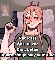 Rule 34 | 1girl, bullet hole, chainsaw man, cross, cross-shaped pupils, cross necklace, gun, hair between eyes, handgun, highres, holding, holding gun, holding weapon, horns, image macro (meme), jewelry, long hair, looking at viewer, maggoo, makima (chainsaw man), meme, necklace, parted lips, pink hair, power (chainsaw man), red horns, sharp teeth, smile, solo, symbol-shaped pupils, teeth, weapon, yellow eyes