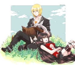 Rule 34 | 1boy, 1girl, 75, :o, aqua eyes, bad id, bad pixiv id, bandaged arm, bandages, black coat, black footwear, black hair, black shorts, black thighhighs, blonde hair, book, boots, breasts, cloud, coat, day, eizen (tales), grass, highres, knee boots, long hair, lying, open mouth, reading, shorts, sitting, sky, tales of (series), tales of berseria, thighhighs, torn clothes, torn legwear, torn shorts, twitter username, underboob, velvet crowe, yellow eyes