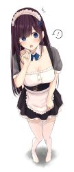 Rule 34 | !, 1girl, apron, blue bow, blue eyes, blush, bow, bowtie, breasts, brown hair, cleavage, commentary request, detached collar, detached sleeves, highres, long hair, looking at viewer, maid, maid apron, maid headdress, medium breasts, mole, mole under eye, no shoes, notice lines, open mouth, original, paid reward available, ramchi, short sleeves, sidelocks, signature, solo, spoken exclamation mark, thighhighs, white background, white thighhighs