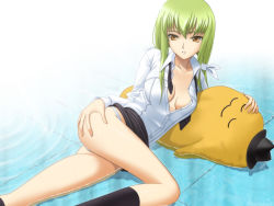Rule 34 | 00s, 1girl, 40010prototype, ass, breasts, c.c., cheese-kun, cleavage, code geass, green hair, long hair, no bra, open clothes, open shirt, orange eyes, pizza hut, shirt, solo, thighs, water