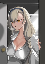 Rule 34 | 1girl, absurdres, azur lane, braid, braided ponytail, breasts, cleavage, doctor, door, eagle (azur lane), eagle (eagle&#039;s clinic) (azur lane), grey hair, hairband, highres, long hair, looking at viewer, medium breasts, official alternate costume, open mouth, orange eyes, rihua (shichangcwy), robe, shirt, solo, sweat, upper body, white robe, white shirt