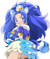 Rule 34 | 10s, 1girl, :d, animal ears, bloomers, blue eyes, blue gloves, blue hair, blue shirt, blue skirt, cowboy shot, crown, cure gelato, earrings, extra ears, gloves, izumo (izumo53), jewelry, kirakira precure a la mode, layered skirt, lion ears, lion tail, long hair, looking at viewer, magical girl, mini crown, open mouth, precure, shirt, simple background, skirt, smile, solo, tail, tategami aoi, underwear, white background, white bloomers, white skirt
