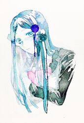 Rule 34 | 1girl, 82utena, black jacket, black sleeves, blazer, blue-tinted eyewear, blue eyes, blue flower, blue hair, book, bow, bowtie, buttons, closed mouth, coattails, collared jacket, colored eyelashes, commentary request, cropped torso, crossed arms, danganronpa (series), danganronpa v3: killing harmony, expressionless, flower, hair flower, hair ornament, highres, holding, holding book, jacket, long hair, long sleeves, looking at viewer, orange bow, orange bowtie, painting (medium), round eyewear, shirogane tsumugi, shirt, simple background, solo, straight hair, sunglasses, tinted eyewear, traditional media, very long hair, watercolor (medium), white background, white shirt