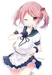 Rule 34 | 10s, 1girl, apron, badge, clothes lift, grin, hair bobbles, hair ornament, highres, kantai collection, kida mochi, midriff peek, one eye closed, pink eyes, pink hair, remodel (kantai collection), sazanami (kancolle), sazanami kai (kancolle), school uniform, serafuku, short hair, skirt, skirt lift, smile, solo, twintails, wrist cuffs