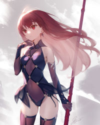 Rule 34 | 1girl, adapted costume, aged down, alternate breast size, bare shoulders, breasts, closed mouth, covered navel, cowboy shot, elbow gloves, fate/grand order, fate (series), gae bolg (fate), gloves, highres, holding, holding polearm, holding spear, holding weapon, leotard, long hair, looking afar, looking away, polearm, purple gloves, purple leotard, purple thighhighs, red eyes, red hair, revision, scathach (fate), signature, siino, small breasts, solo, spear, straight hair, thighhighs, two-tone background, very long hair, weapon