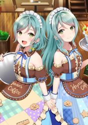 Rule 34 | 2girls, :d, apron, aqua hair, back-to-back, bang dream!, bare shoulders, blue dress, blue ribbon, bow, braid, brown shirt, cafe, closed mouth, clothes writing, collar, collarbone, cuff links, detached collar, dress, feet out of frame, frills, from side, green eyes, hair bow, hand up, highres, hikawa hina, hikawa sayo, holding, holding hands, holding tray, indoors, long hair, looking at viewer, maid, maid apron, maid headdress, mia (fai1510), multiple girls, neck ribbon, open mouth, parfait, puffy short sleeves, puffy sleeves, ribbon, shirt, short hair, short sleeves, siblings, side braid, sidelocks, sisters, smile, standing, star (symbol), swept bangs, teeth, tray, twin braids, twins, upper teeth only, waist apron