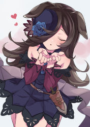 Rule 34 | 1girl, absurdres, animal ears, blowing kiss, blue dress, blush, brown hair, commentary request, dagger, dress, dutch angle, closed eyes, flower, fur collar, grey background, hair over one eye, hat, hat flower, hat over one eye, heart, highres, horse ears, horse girl, knife, long hair, long sleeves, mizuabi kamome, off-shoulder dress, off shoulder, one eye covered, rice shower (umamusume), sheath, sheathed, simple background, umamusume, weapon
