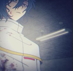 Rule 34 | 1boy, blood, blood on clothes, blood on face, blue hair, bright pupils, capelet, ceiling, ceiling light, chromatic aberration, closed mouth, fluorescent lamp, from below, frown, indoors, long sleeves, male focus, safe3133, saibou shinkyoku, shirt, short hair, solo, uniform, upper body, utsugi noriyuki, white capelet, white shirt