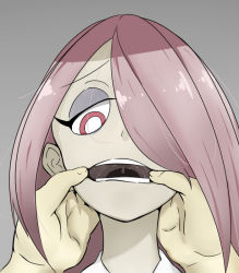 Rule 34 | 10s, 1boy, 1girl, fankupl, finger to mouth, hair over one eye, little witch academia, long hair, open mouth, pink hair, red eyes, solo focus, sucy manbavaran, teeth, uvula