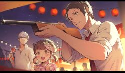 Rule 34 | 1girl, 2boys, adachi tooru, aiming, black hair, blush, brown eyes, brown hair, candy apple, character mask, child, clenched hands, closed mouth, collared shirt, doujima nanako, food, formal, grey eyes, grey hair, grin, gun, hair ribbon, highres, holding, holding food, holding gun, holding weapon, japanese clothes, kimono, lantern, light particles, looking at another, mask, mask on head, multiple boys, narukami yuu, necktie, night, night sky, one eye closed, open mouth, paper lantern, persona, persona 4, pink kimono, polo shirt, popped collar, red necktie, ribbon, shirt, short hair, short twintails, sky, sleeves rolled up, smile, sparkle, suit, summer festival, twintails, weapon, white shirt, yoshino saku