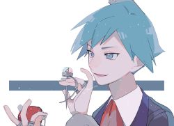 Rule 34 | 1boy, aqua eyes, aqua hair, bad id, bad twitter id, collared shirt, commentary request, creatures (company), game freak, hands up, highres, holding, holding poke ball, jacket, jewelry, long sleeves, male focus, momotose (hzuu xh4), necktie, nintendo, open mouth, poke ball, poke ball (basic), pokemon, pokemon oras, red necktie, ring, shirt, short hair, smile, solo, steven stone, twitter username, upper body, white background, white shirt