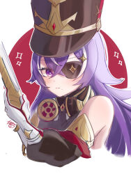 Rule 34 | 1girl, bare shoulders, black hat, chevreuse (genshin impact), commentary request, detached sleeves, earmuffs, earmuffs around neck, eyepatch, genshin impact, gloves, gun, hat, highres, holding, holding gun, holding weapon, long hair, looking at viewer, mole, mole under mouth, multicolored hair, partial commentary, puffy sleeves, purple eyes, purple hair, rifle, shako cap, solo, streaked hair, tatara 1121, upper body, very long hair, weapon, white background, white gloves, white hair