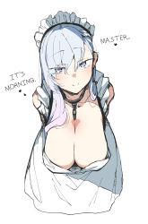Rule 34 | 1girl, absurdres, apron, azur lane, belfast (azur lane), blue eyes, braid, breasts, chain, cleavage, collar, french braid, hanging breasts, hard-translated, heart, highres, huge breasts, kz oji, maid, maid apron, maid headdress, solo, third-party edit, translated, white apron, white hair