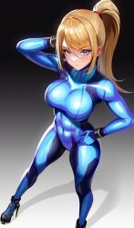 Rule 34 | 1girl, abs, arm up, blonde hair, blue bodysuit, blue eyes, bodysuit, breasts, closed mouth, expressionless, foot out of frame, from above, gradient background, hand on own hip, high heels, high ponytail, highres, large breasts, long hair, looking at viewer, metroid, nintendo, samus aran, skin tight, solo, volyz, zero suit