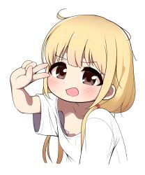 Rule 34 | 1girl, absurdres, bandaid, bandaids on nipples, blonde hair, blush, brown eyes, collarbone, dot nose, flat chest, futaba anzu, hair tie, highres, idolmaster, idolmaster cinderella girls, long hair, looking at viewer, messy hair, nipple slip, nipples, open mouth, oversized clothes, oversized shirt, pasties, pelican (s030), shirt, sidelocks, simple background, solo, upper body, v, white background