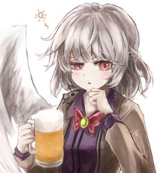 Rule 34 | 1girl, absurdres, alcohol, angel wings, bad id, bad pixiv id, beer, beer mug, blush, bow, braid, breasts, brooch, brown jacket, cup, dress, french braid, hand up, highres, jacket, jewelry, kishin sagume, long sleeves, looking to the side, mug, parted lips, purple dress, raised eyebrow, red eyes, short hair, silver hair, simple background, single wing, solo, thkani, tipsy, touhou, upper body, white background, white wings, wings
