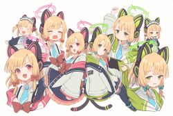 Rule 34 | 2girls, alternate costume, animal ear headphones, animal ears, aqua bow, aqua necktie, arm up, black skirt, black thighhighs, blonde hair, blue archive, bow, cat tail, closed mouth, collared shirt, crying, fake animal ears, green halo, hair bow, halo, headphones, highres, long sleeves, maid, maid headdress, marekamico, midori (blue archive), midori (maid) (blue archive), momoi (blue archive), momoi (maid) (blue archive), multiple girls, necktie, o o, open mouth, pink halo, red bow, shirt, short hair, siblings, simple background, sisters, skirt, smile, tail, thighhighs, twins, white background, white shirt, wide sleeves